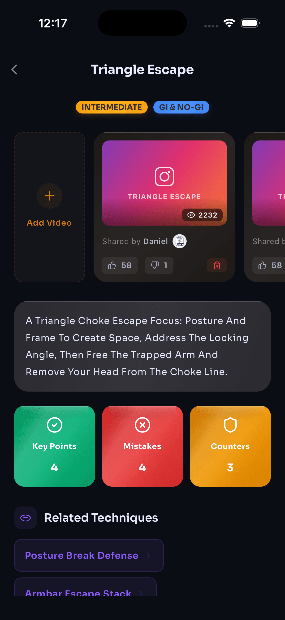 BetterBJJ technique detail with saved videos